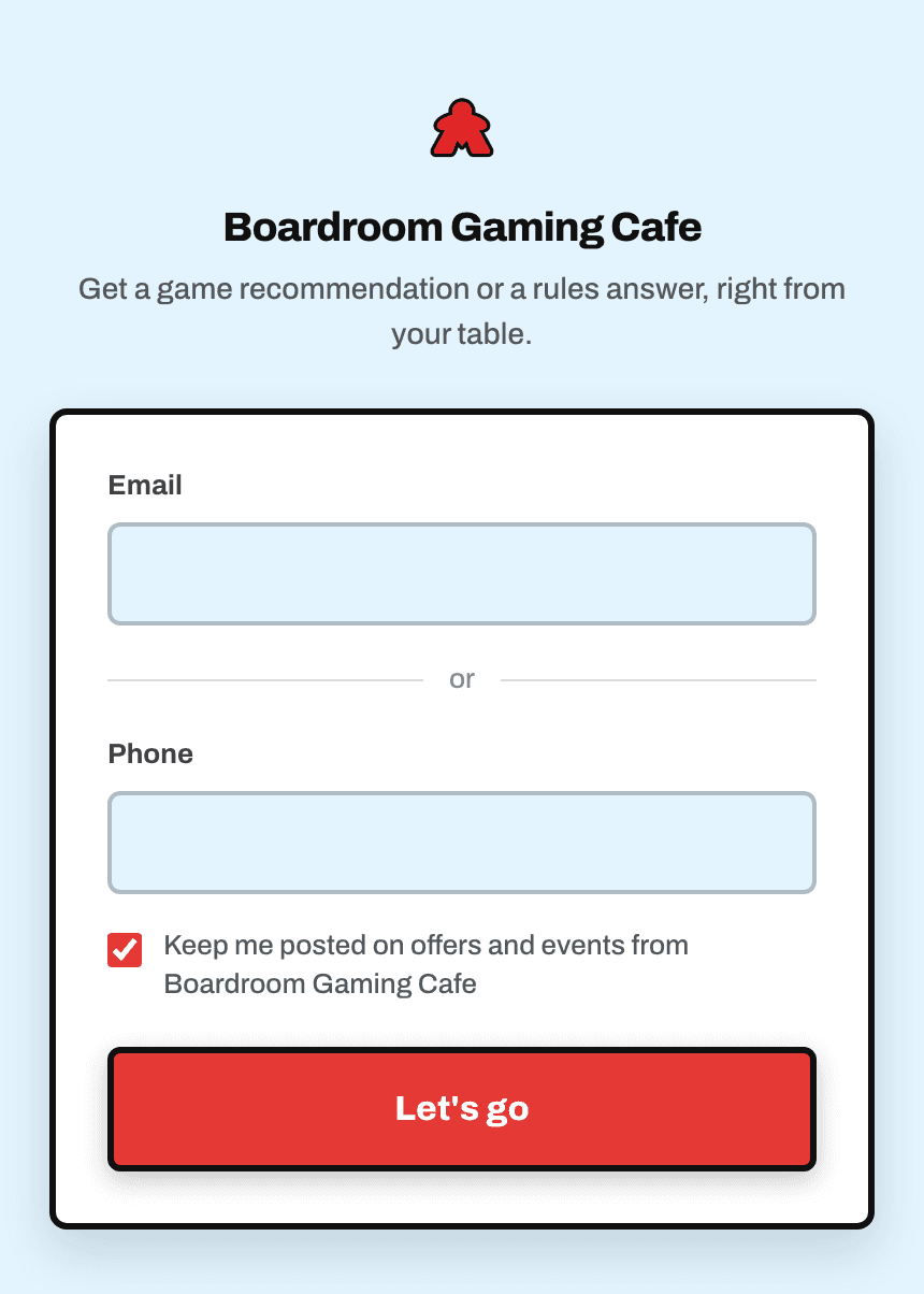 Boardroom Gaming Cafe's first screen, asking for an email address or phone number