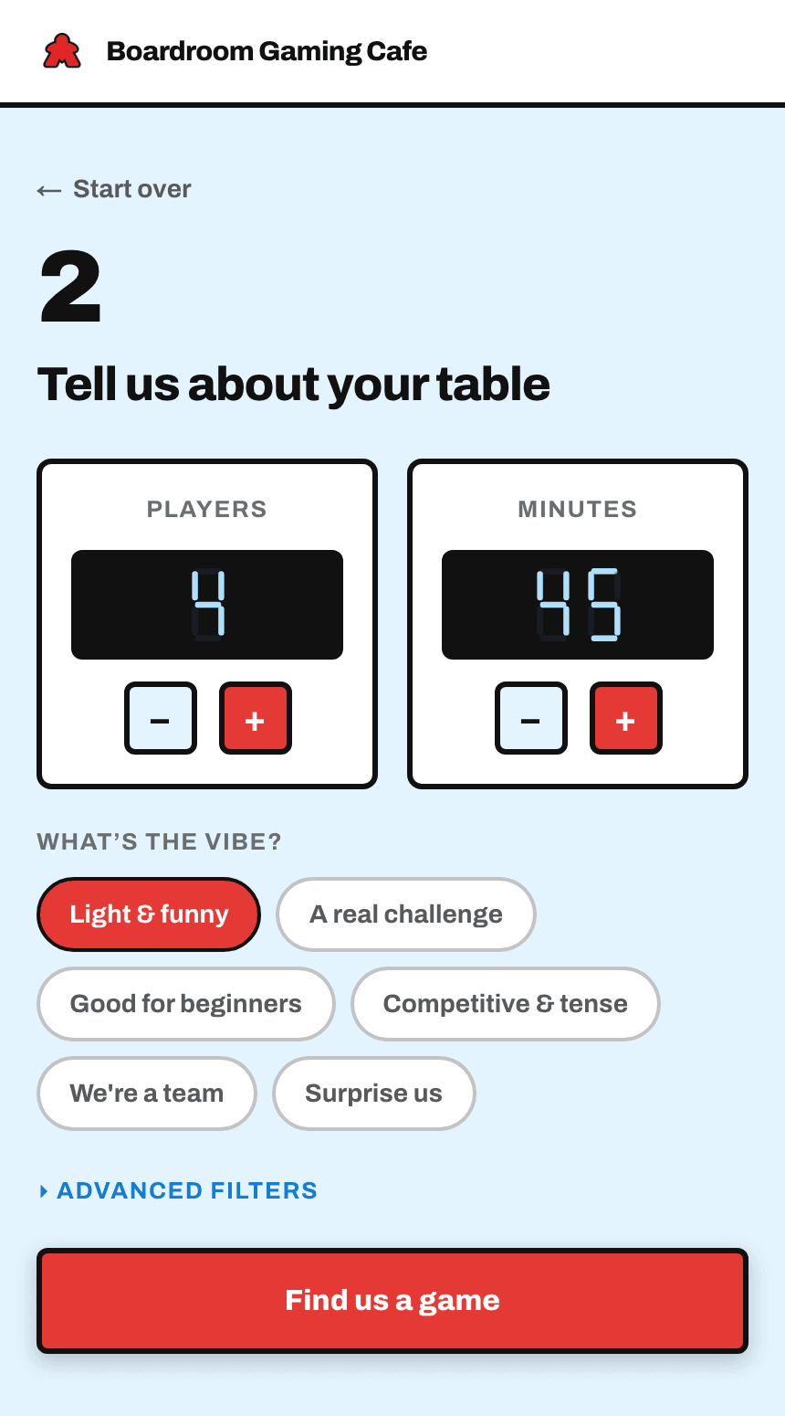 The recommend form: 4 players, 45 minutes, and the 'Light & funny' mood picked