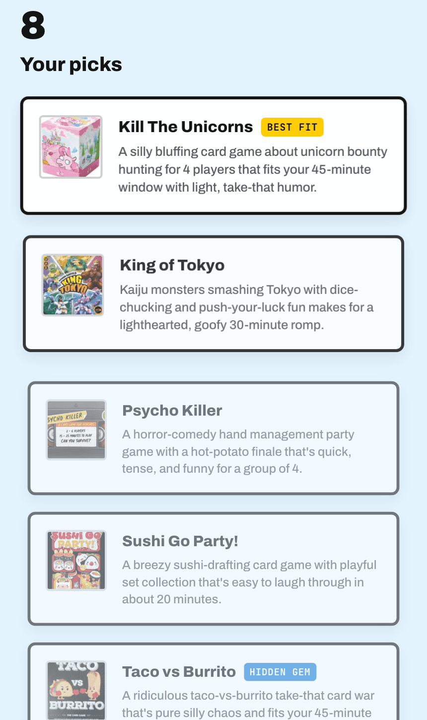 The results: games from the cafe's shelf, each tagged Best Fit or Hidden Gem with a short reason