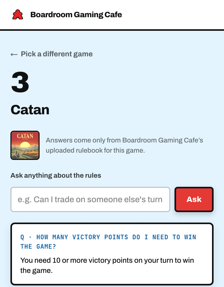 A rules answer for Catan, taken from the cafe's uploaded rulebook