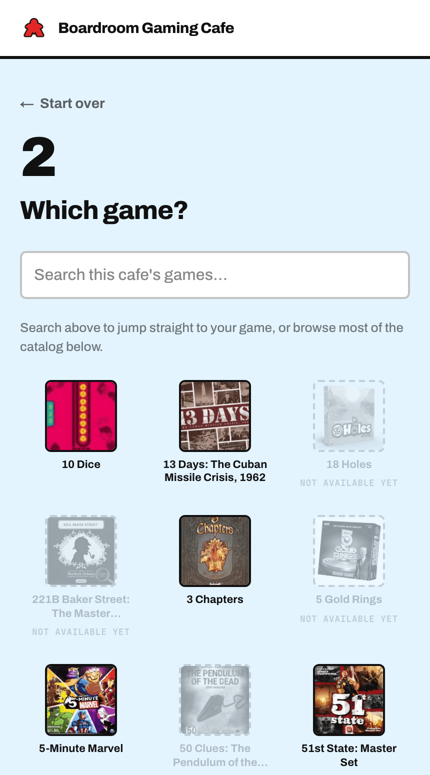 The game picker for rules questions, with games that have no rulebook yet marked Not available yet